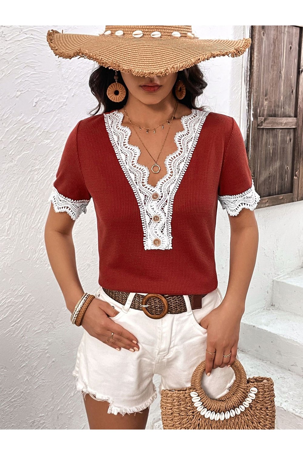 Decorative Button Spliced Lace Short Sleeve Top