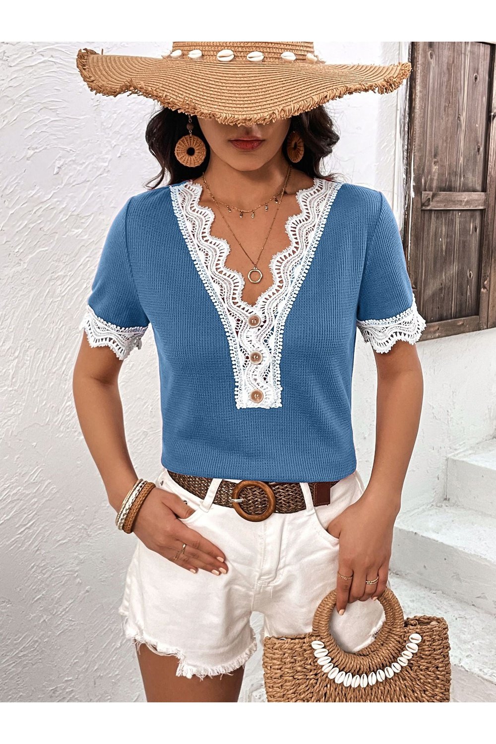 Decorative Button Spliced Lace Short Sleeve Top