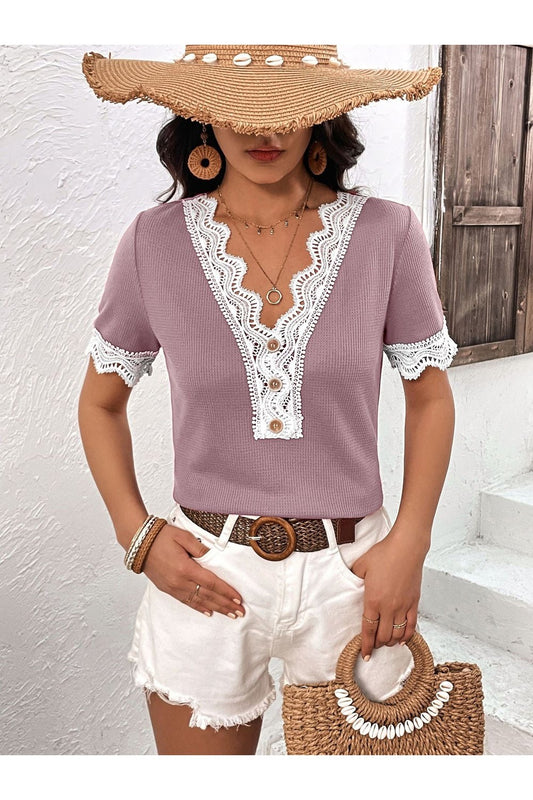 Decorative Button Spliced Lace Short Sleeve Top