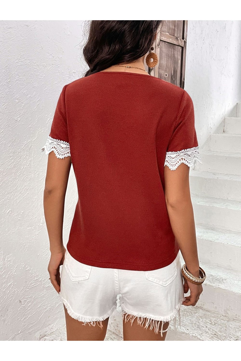 Decorative Button Spliced Lace Short Sleeve Top