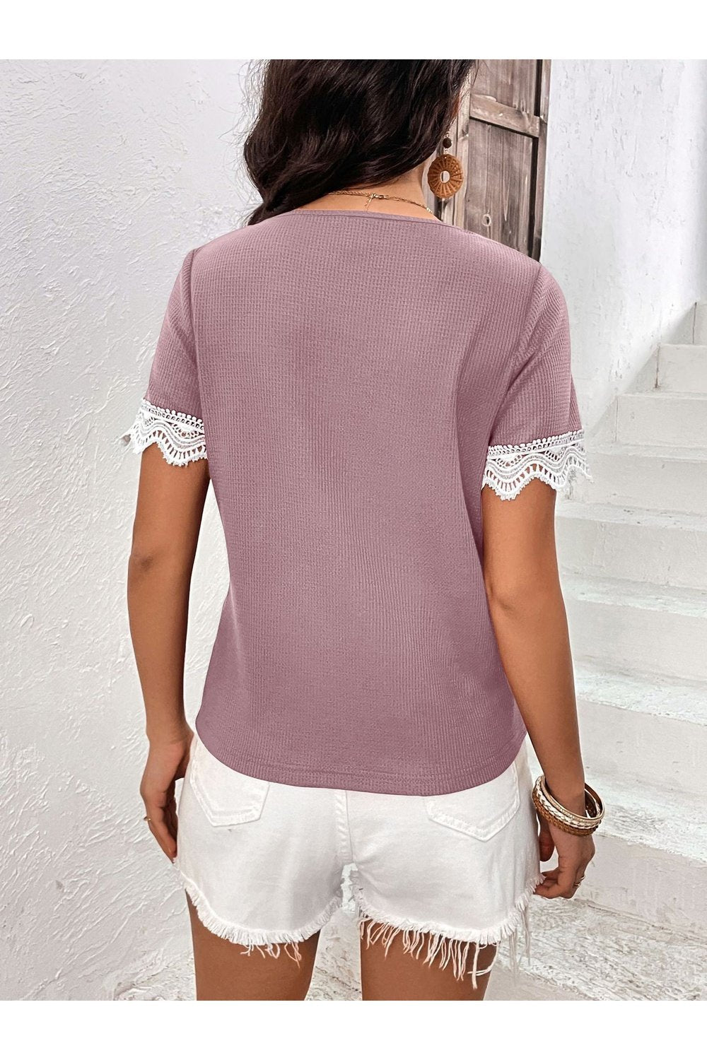 Decorative Button Spliced Lace Short Sleeve Top