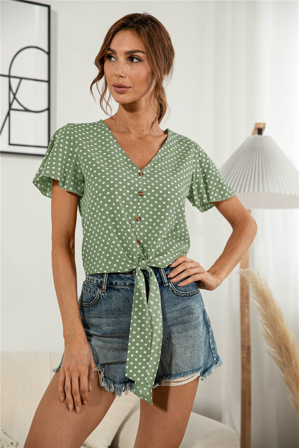 Decorative Button V-Neck Tied Blouse