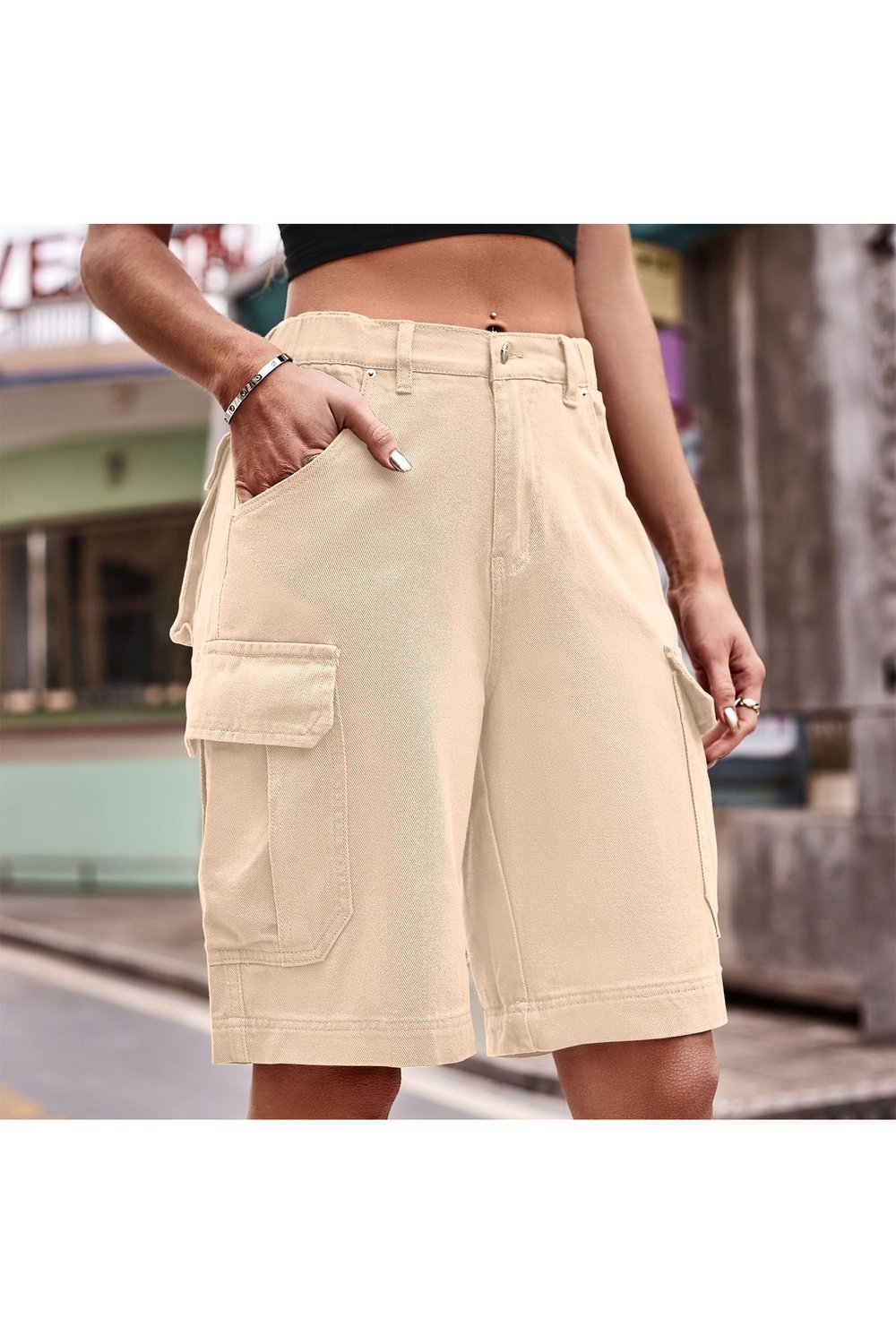 Denim Cargo Shorts with Pockets