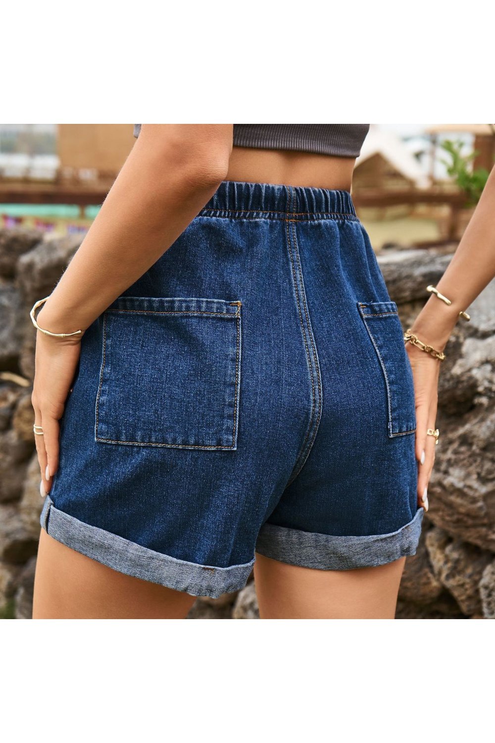 Drawstring High Waist Denim Shorts with Pockets