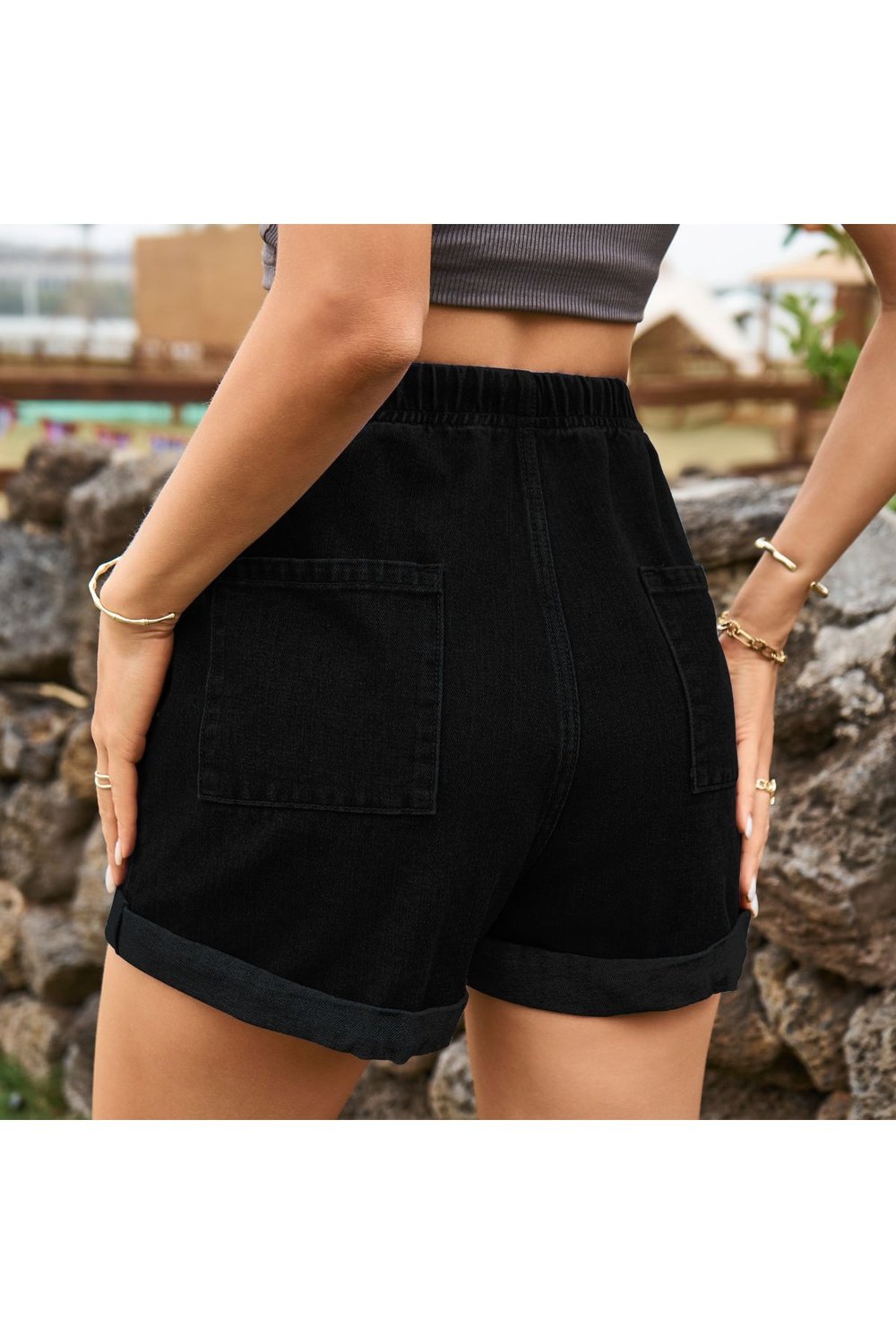 Drawstring High Waist Denim Shorts with Pockets