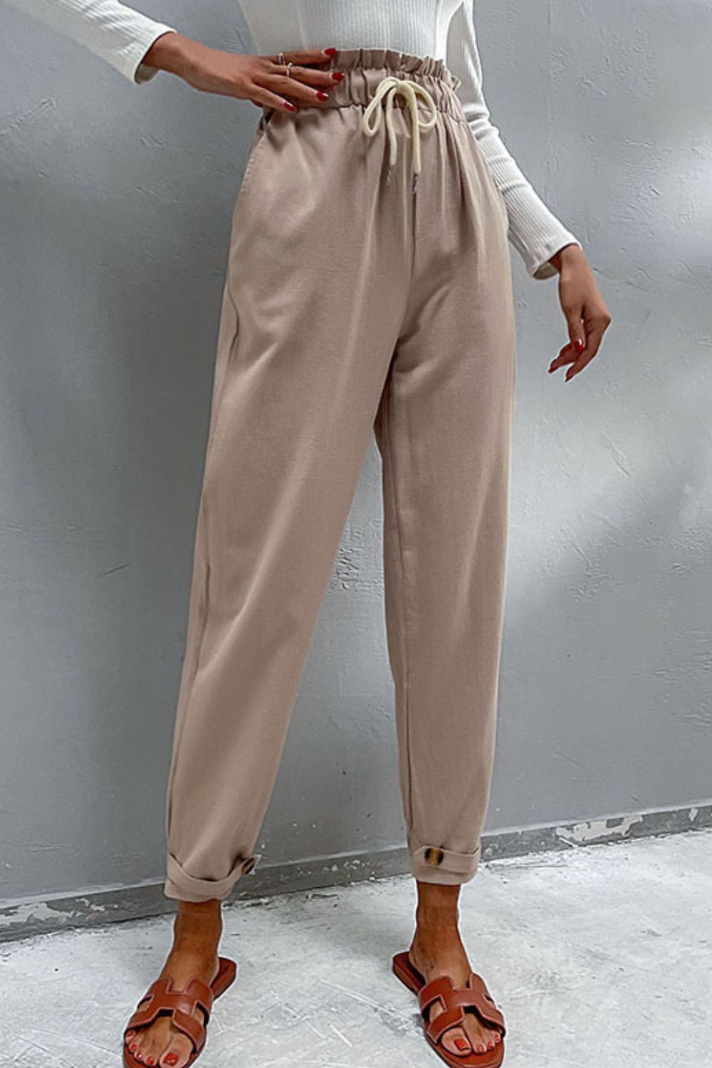 Drawstring Paperbag Waist Button Detail Pants