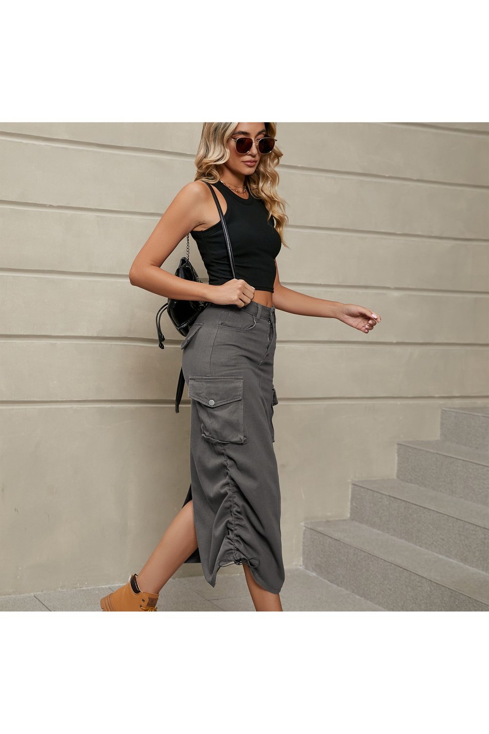 Drawstring Ruched Slit Denim Midi Skirt