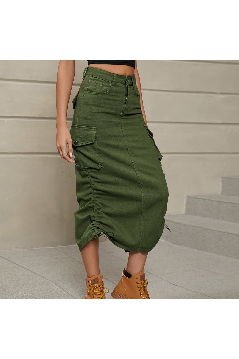 Drawstring Ruched Slit Denim Midi Skirt