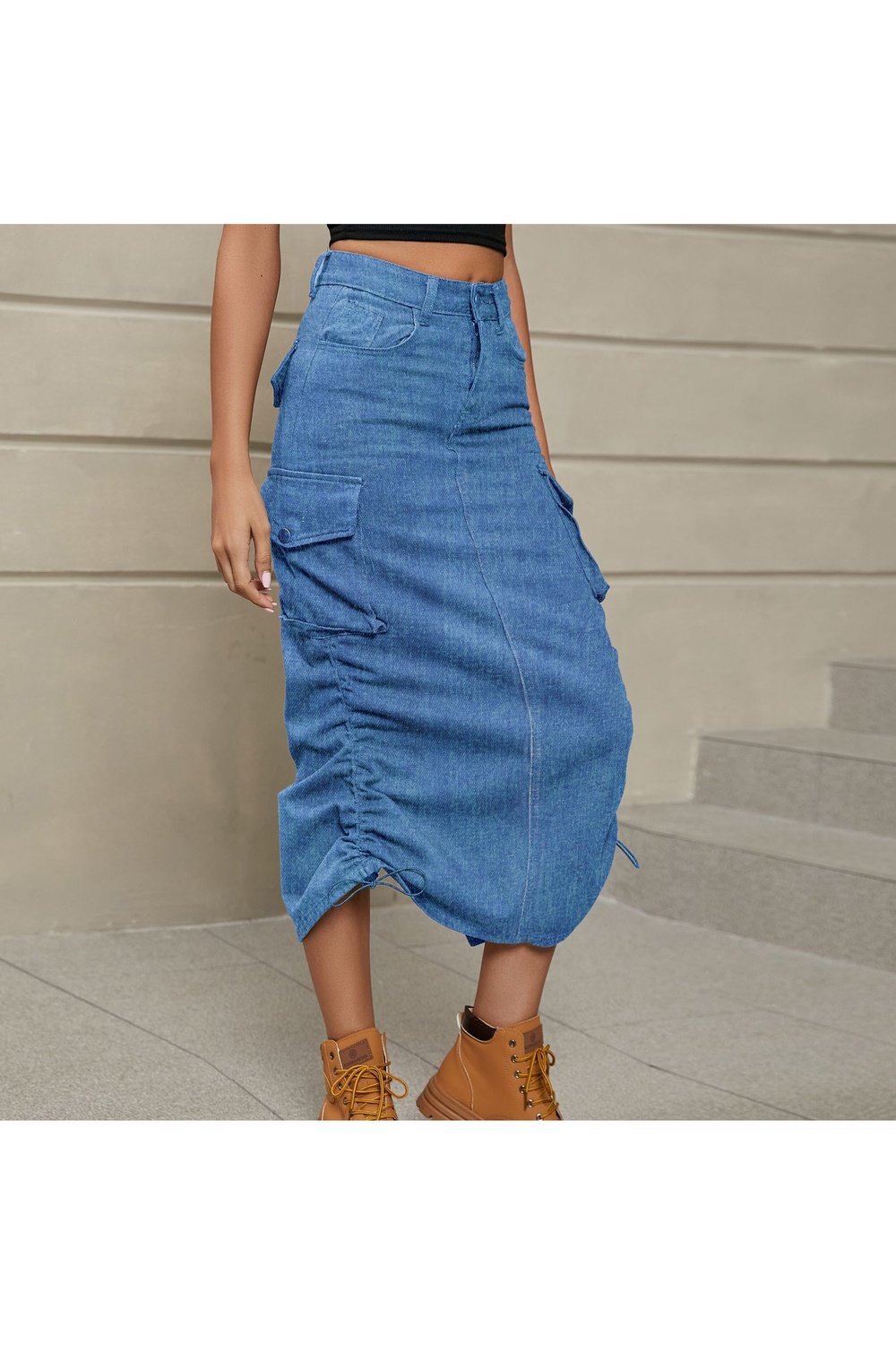 Drawstring Ruched Slit Denim Midi Skirt