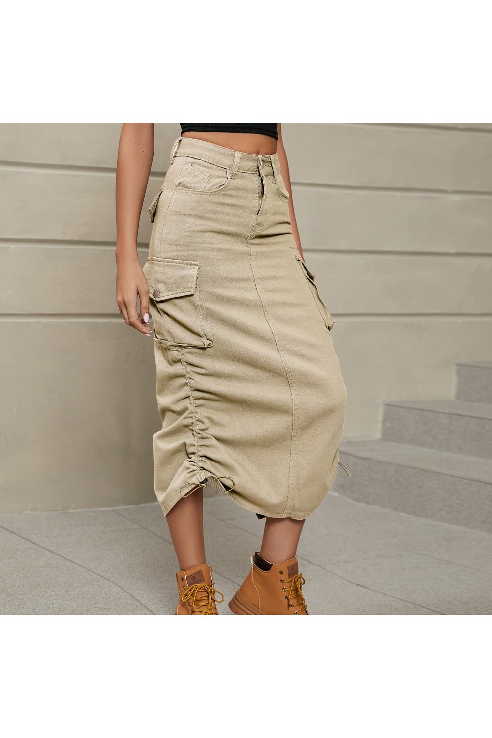 Drawstring Ruched Slit Denim Midi Skirt