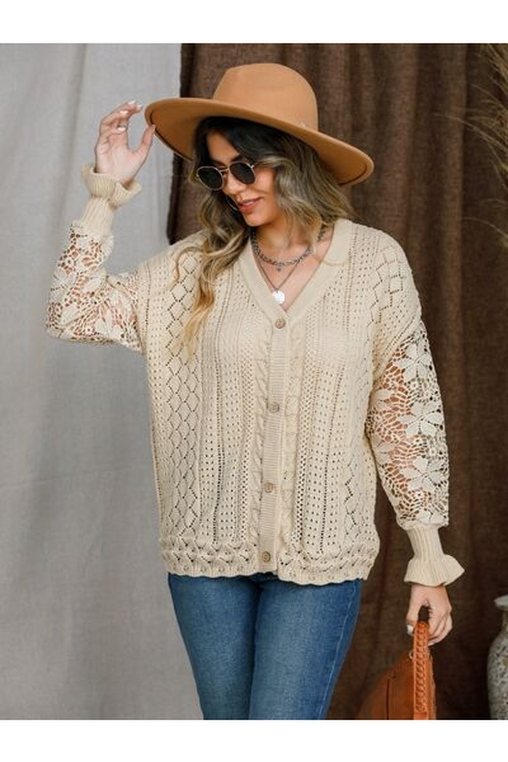 Eyelet Button Up Lantern Sleeve Cardigan