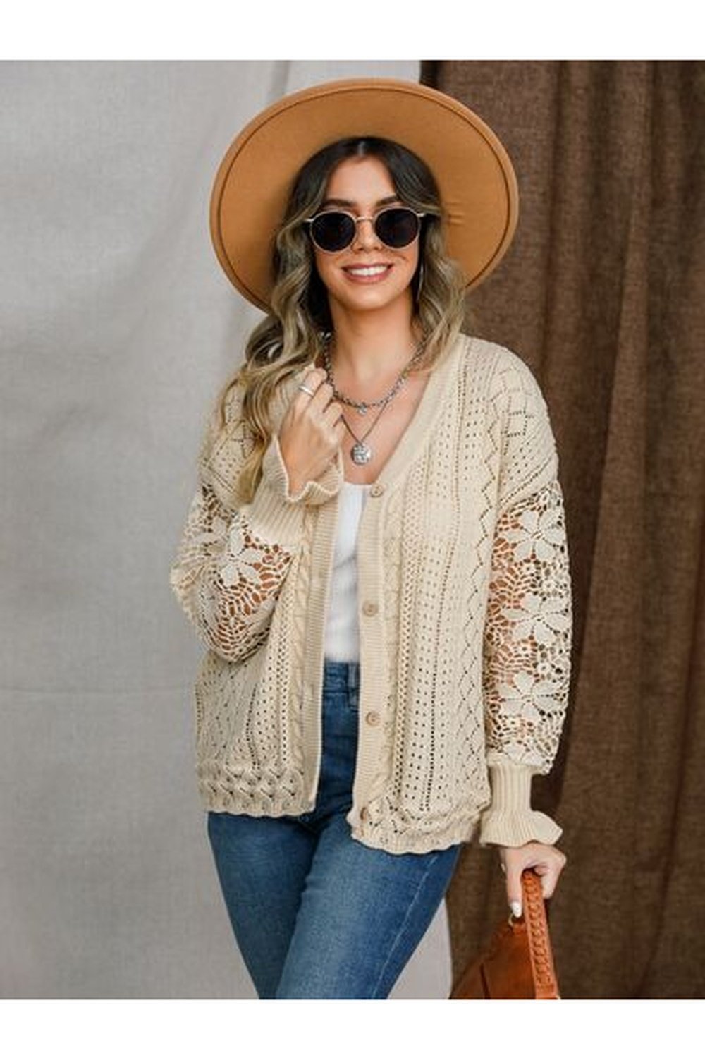 Eyelet Button Up Lantern Sleeve Cardigan