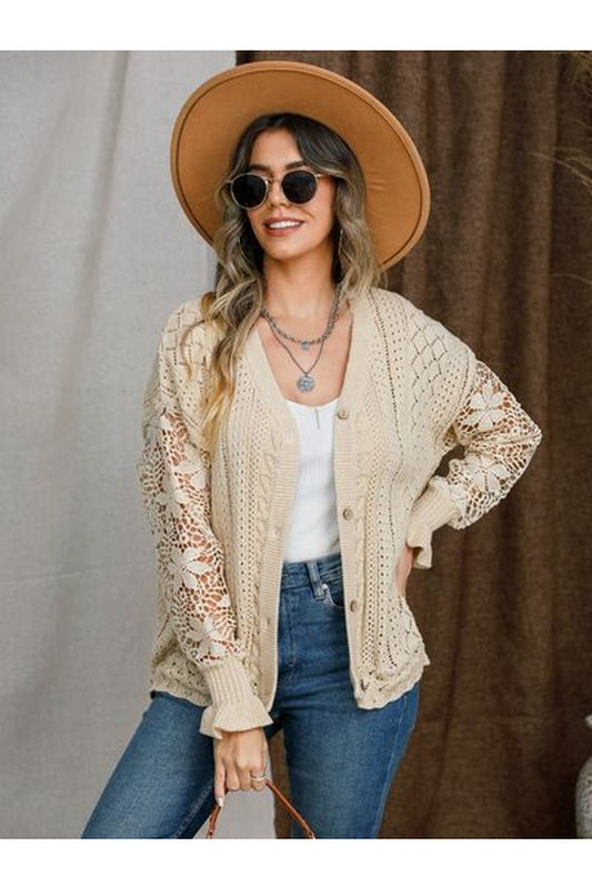 Eyelet Button Up Lantern Sleeve Cardigan