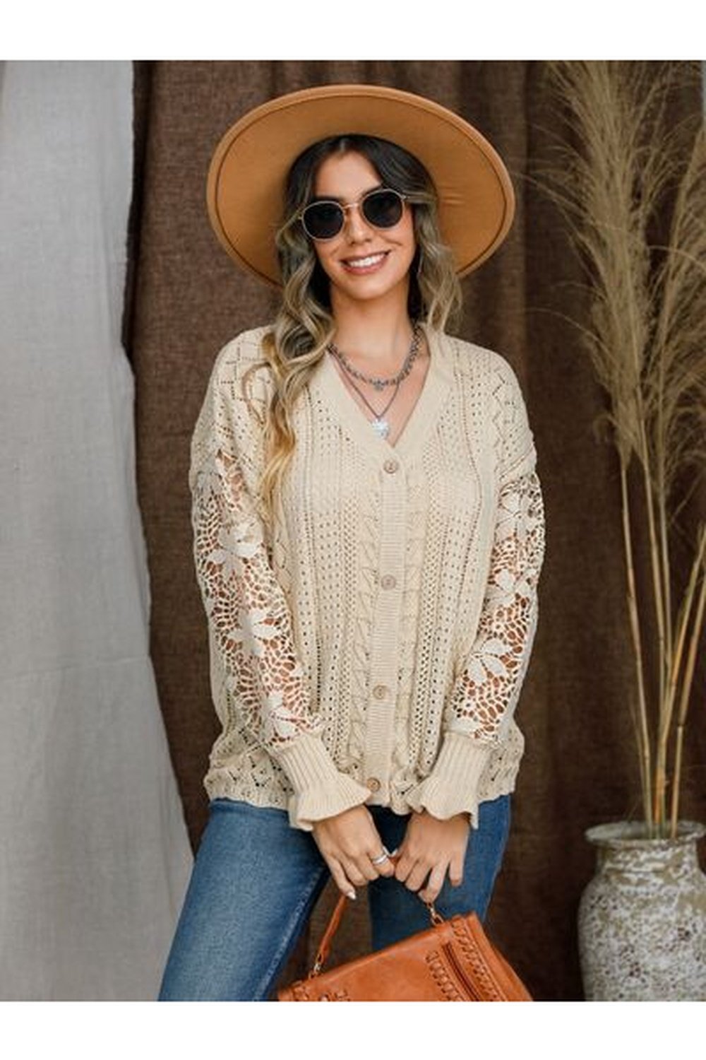 Eyelet Button Up Lantern Sleeve Cardigan