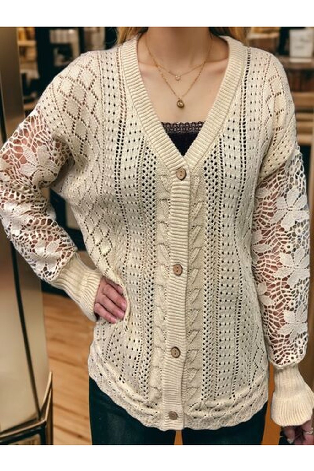 Eyelet Button Up Lantern Sleeve Cardigan