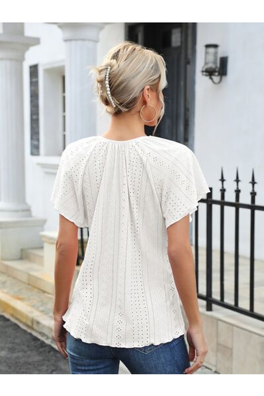 Eyelet Tie Neck Flutter Sleeve Blouse