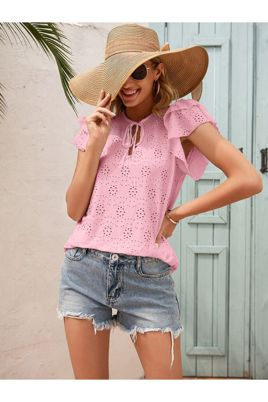 Eyelet Tie Neck Flutter Sleeve Blouse