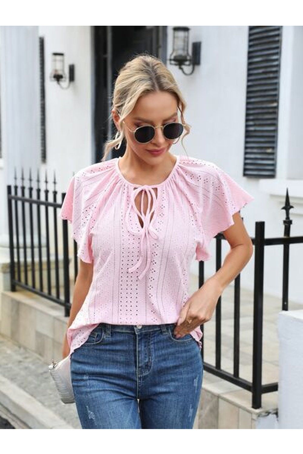 Eyelet Tie Neck Flutter Sleeve Blouse