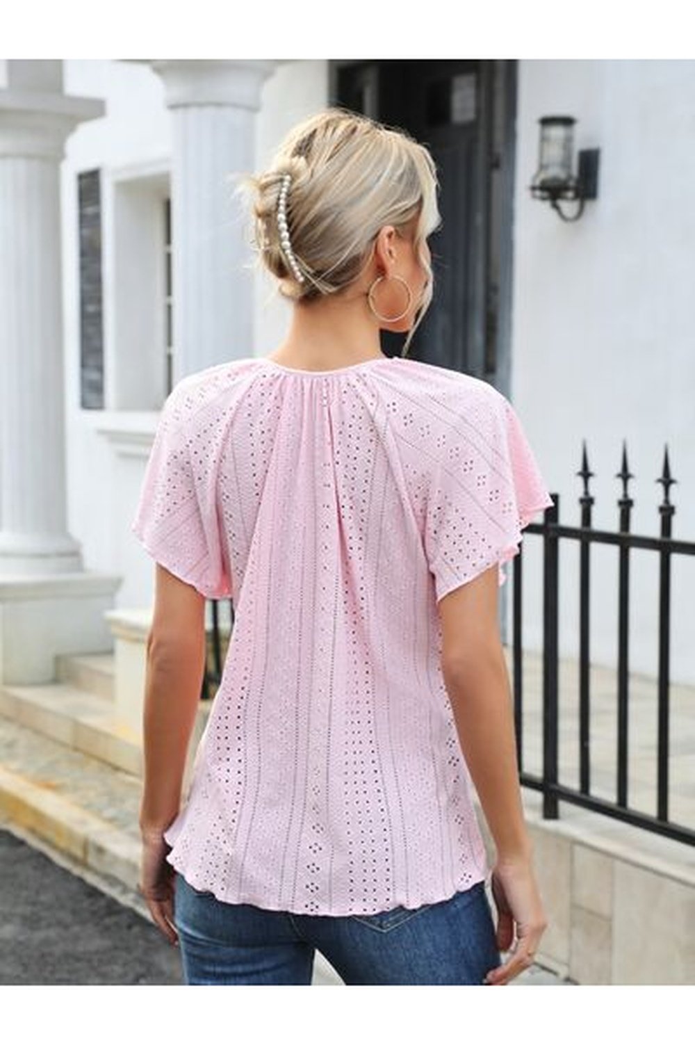 Eyelet Tie Neck Flutter Sleeve Blouse