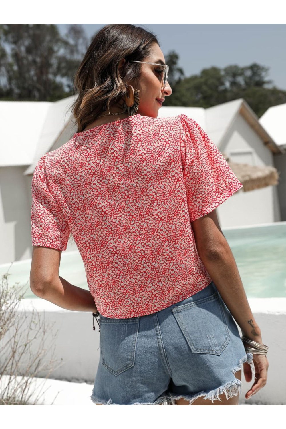 Floral Drawstring Deep V Cropped Blouse