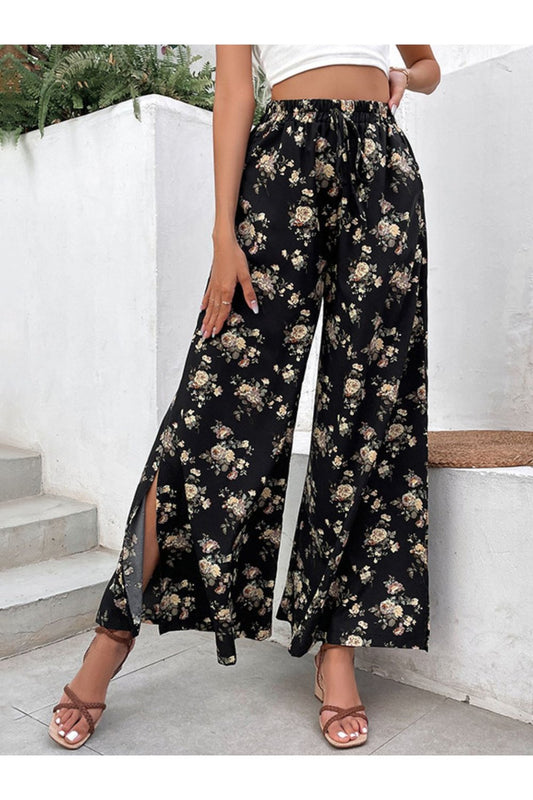 Floral Side Slit Wide Leg Pants