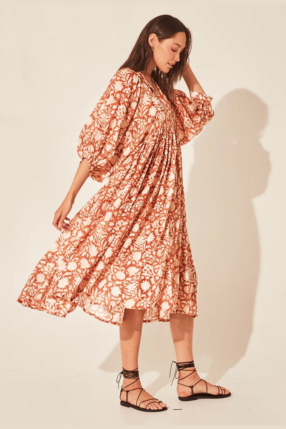 Floral Tie Neck Lantern Sleeve Dress