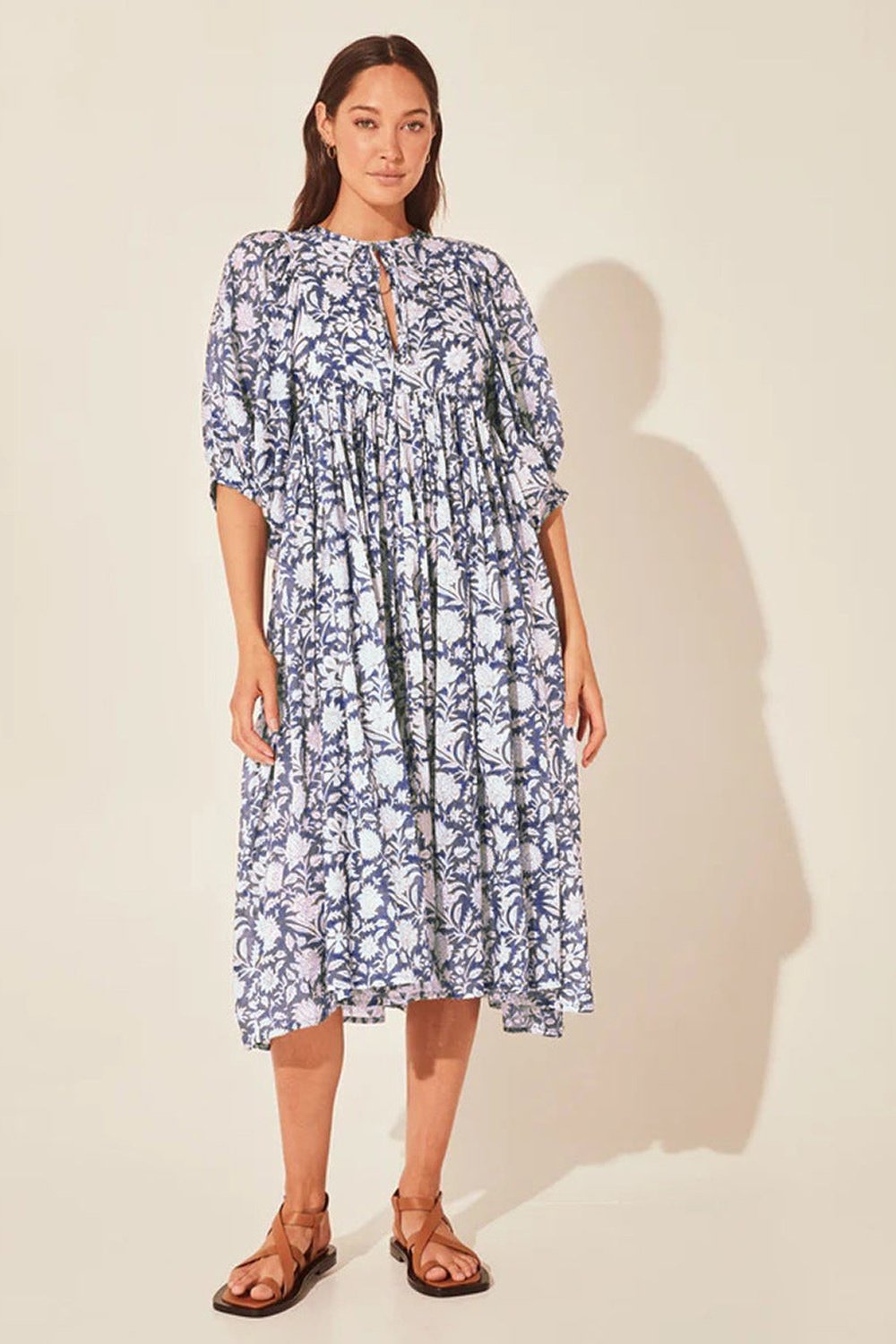 Floral Tie Neck Lantern Sleeve Dress