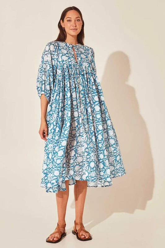 Floral Tie Neck Lantern Sleeve Dress