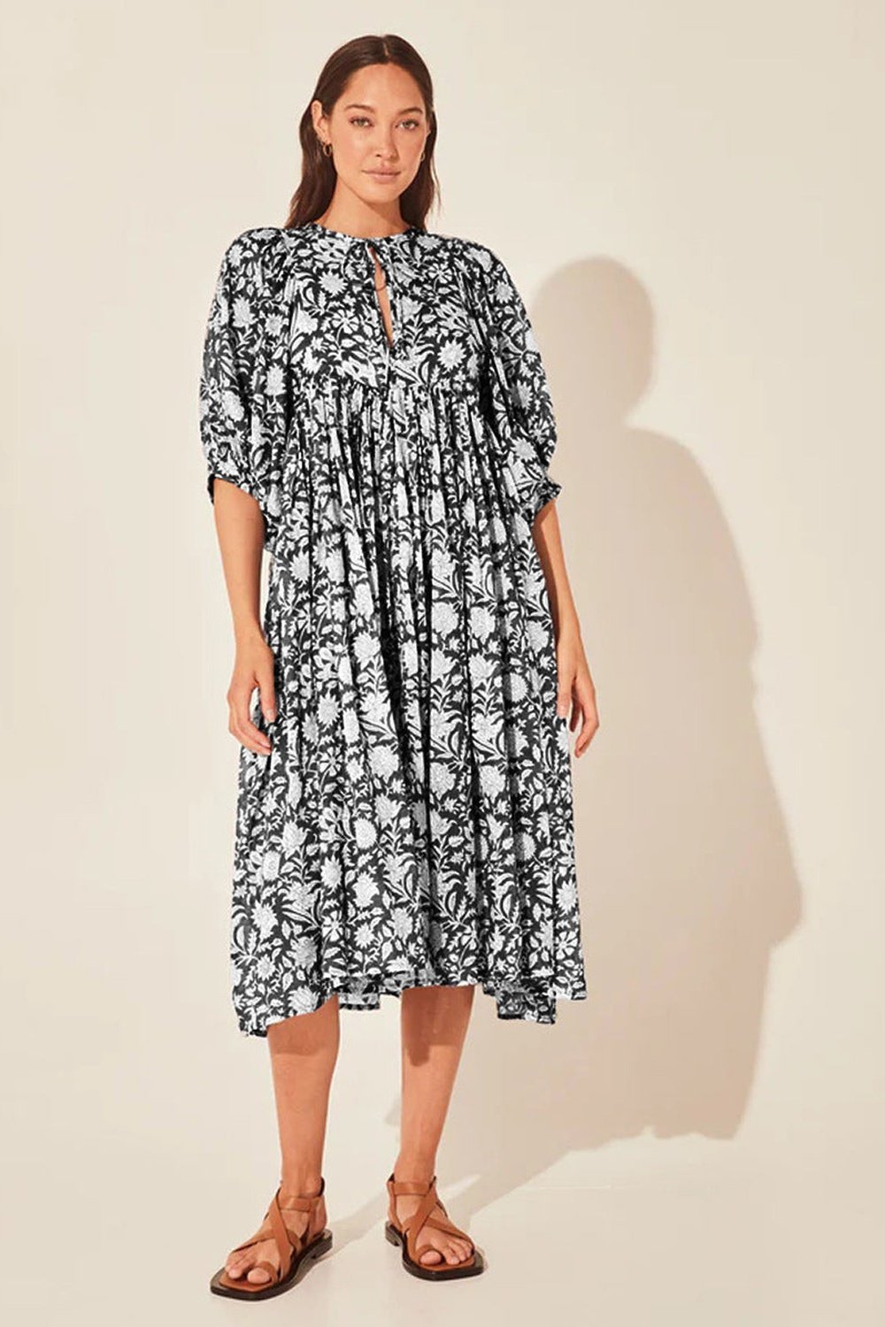 Floral Tie Neck Lantern Sleeve Dress