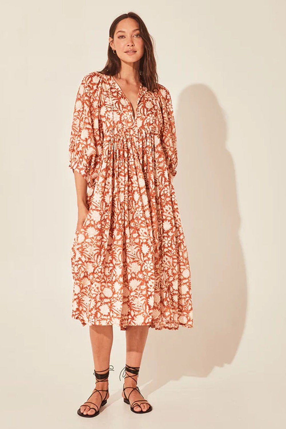 Floral Tie Neck Lantern Sleeve Dress