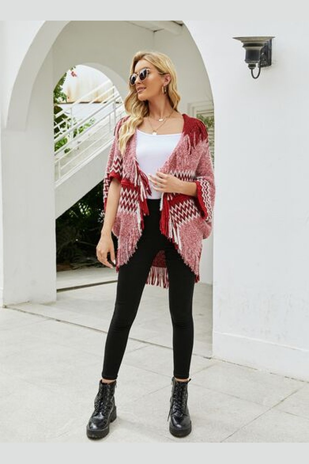 Geometric Fringe Open Front Cardigan