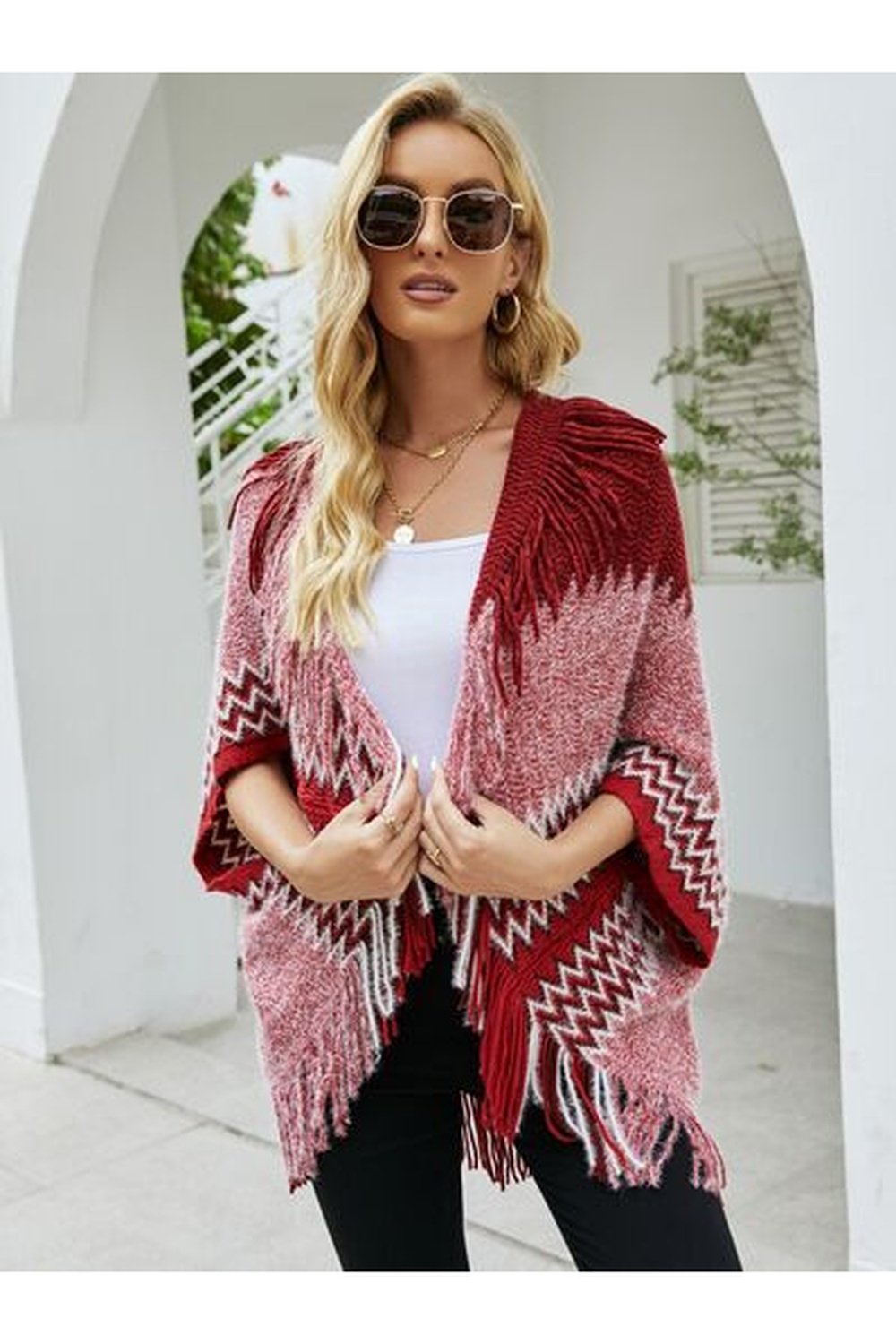 Geometric Fringe Open Front Cardigan