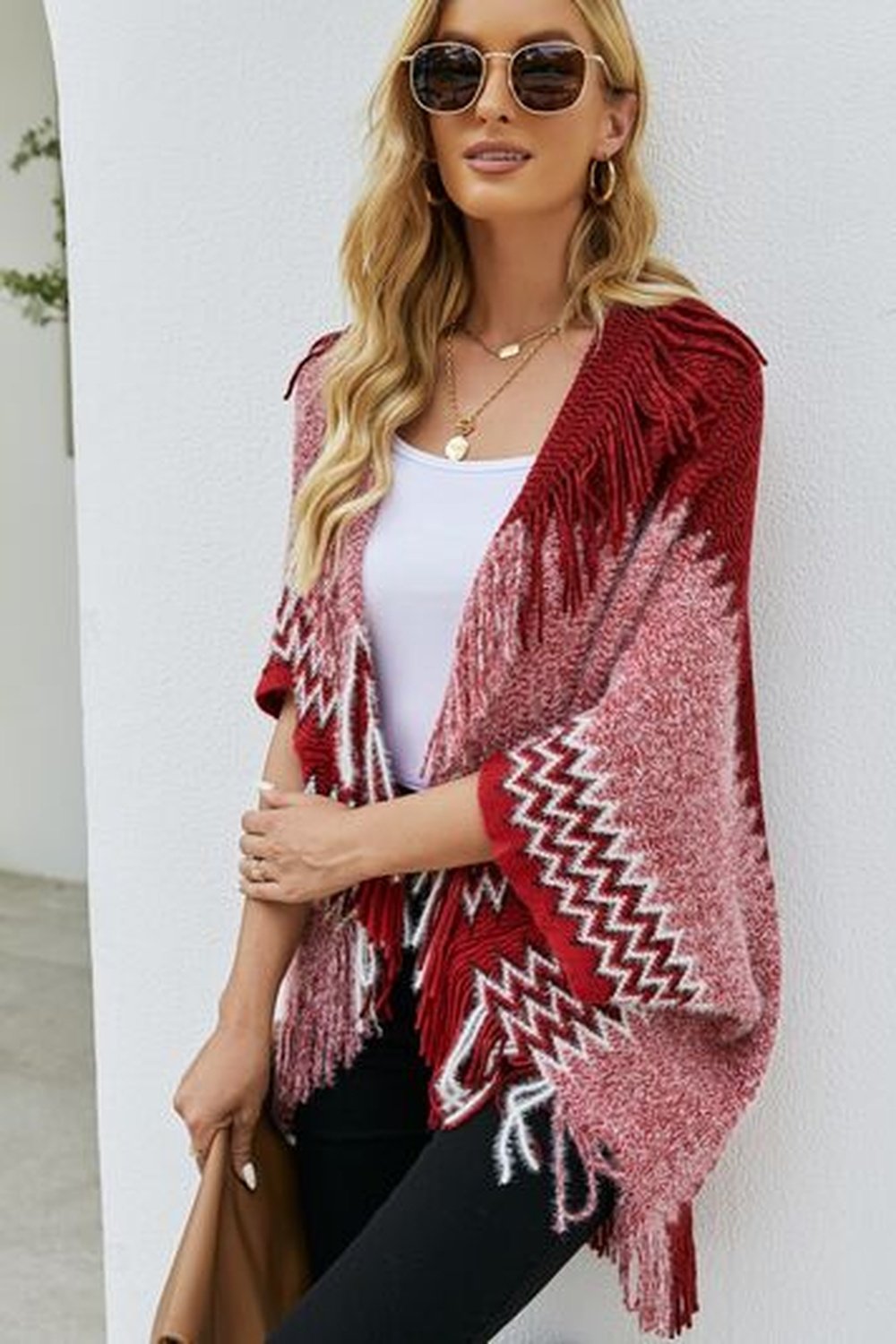 Geometric Fringe Open Front Cardigan