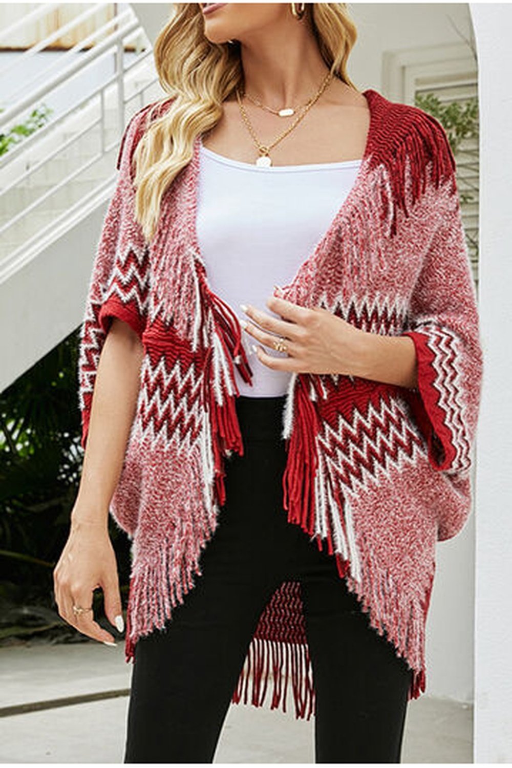 Geometric Fringe Open Front Cardigan