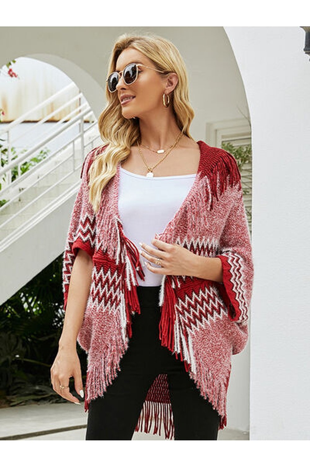 Geometric Fringe Open Front Cardigan