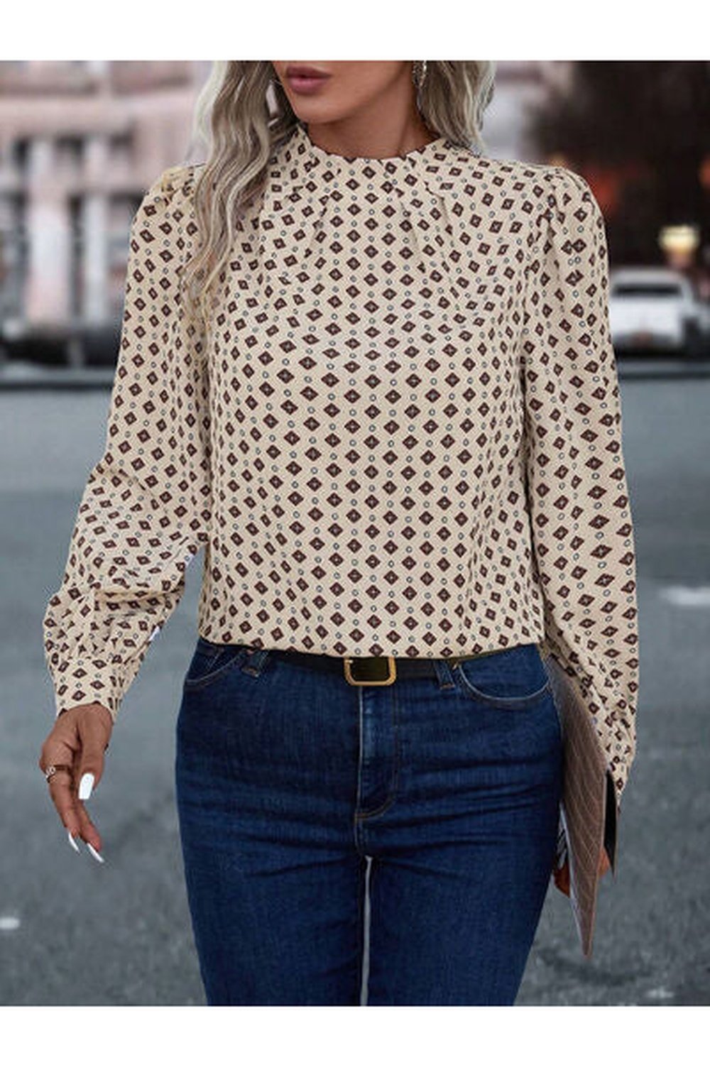 Geometric Mock Neck Long Sleeve Blouse