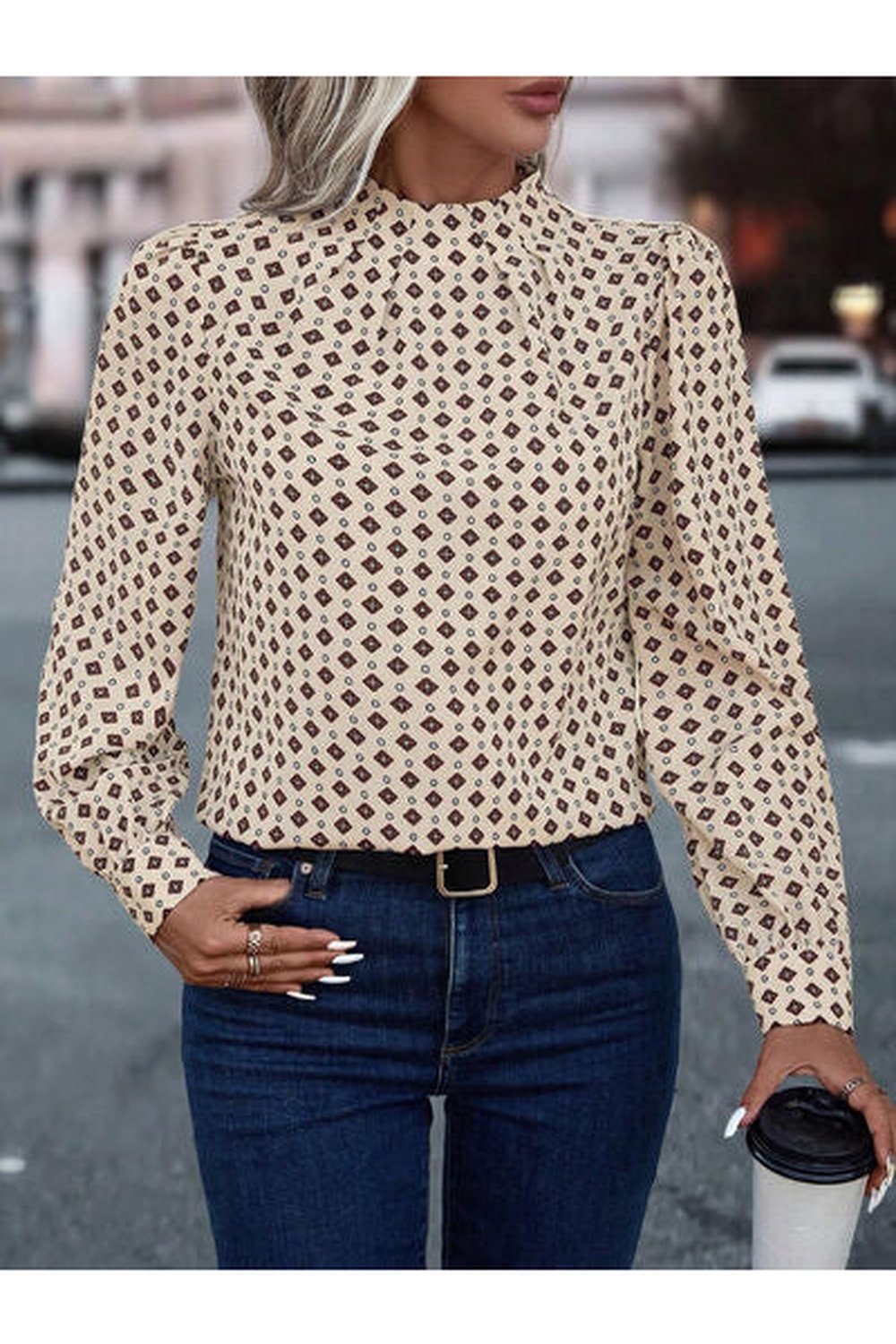 Geometric Mock Neck Long Sleeve Blouse