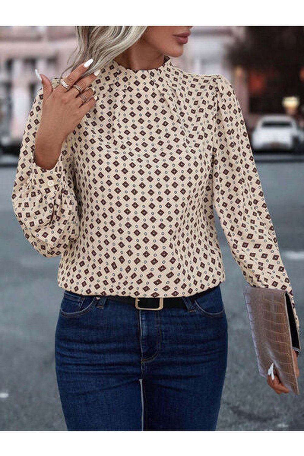 Geometric Mock Neck Long Sleeve Blouse