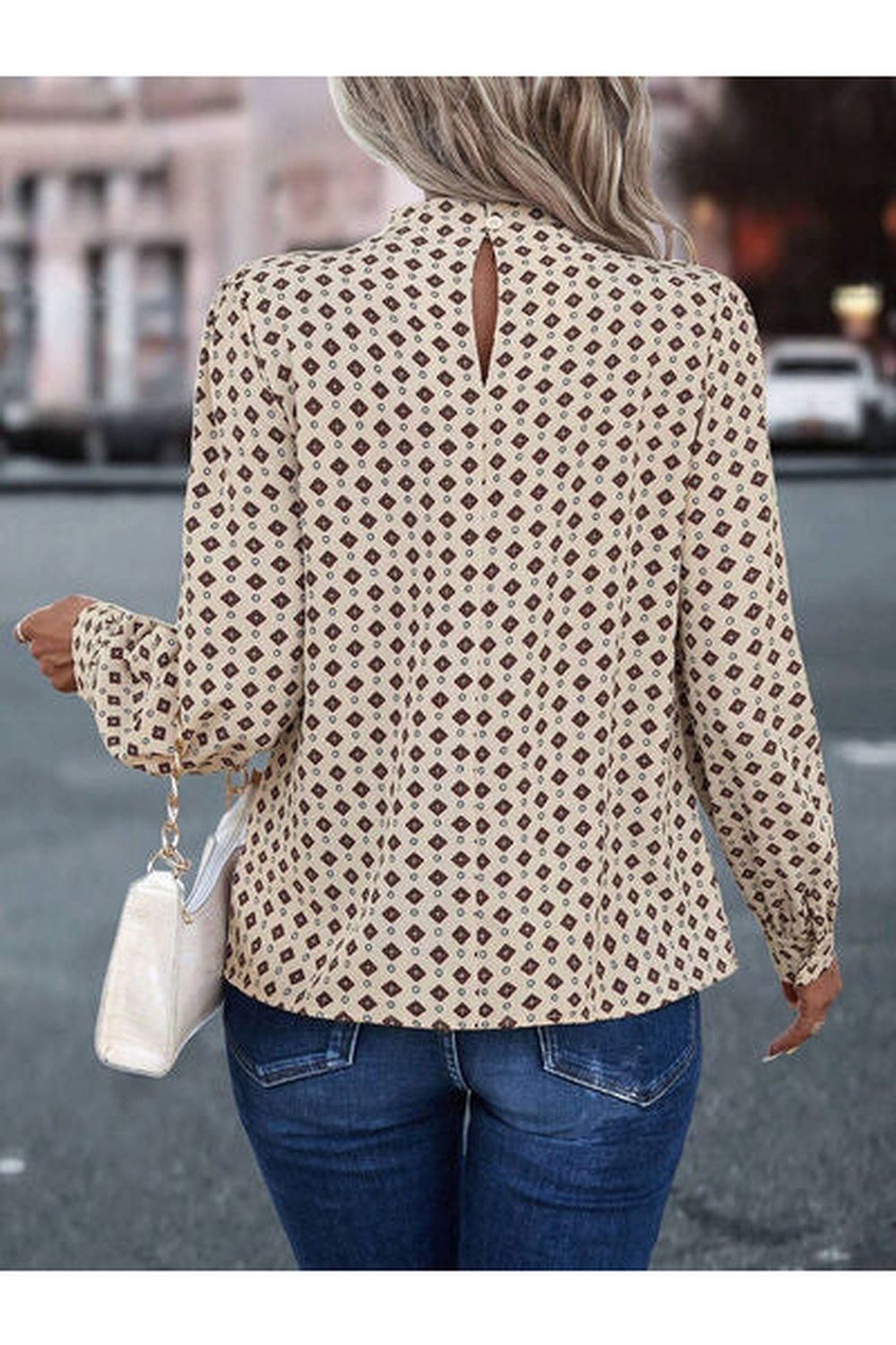 Geometric Mock Neck Long Sleeve Blouse