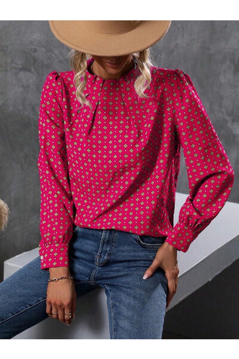 Geometric Mock Neck Long Sleeve Blouse