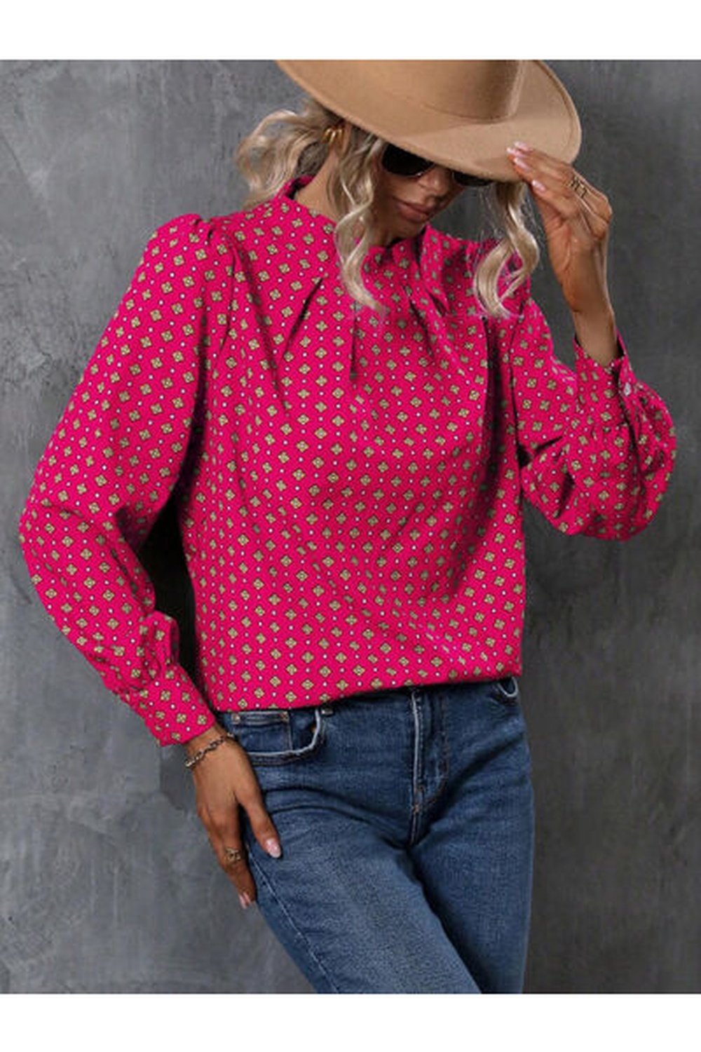 Geometric Mock Neck Long Sleeve Blouse