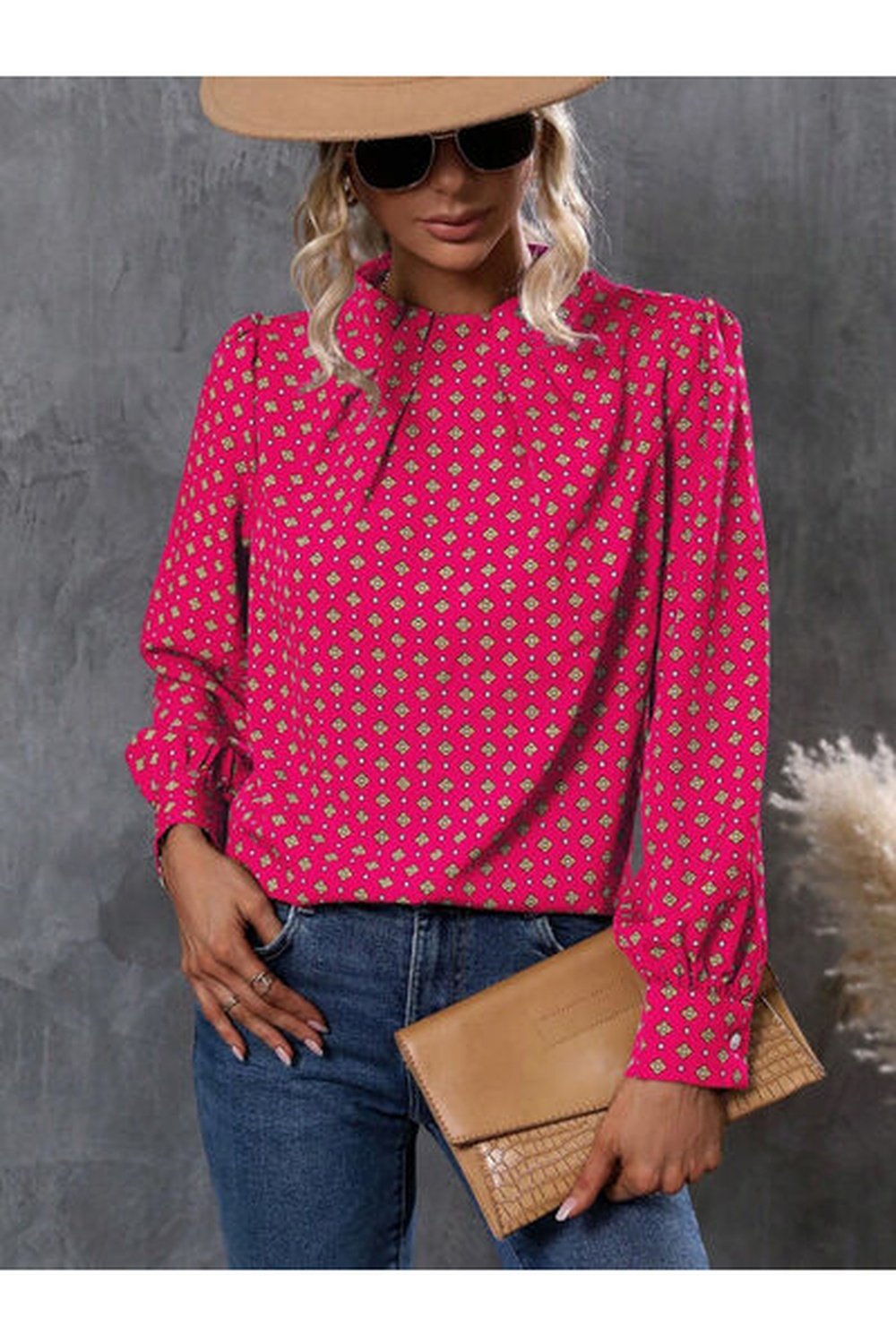 Geometric Mock Neck Long Sleeve Blouse