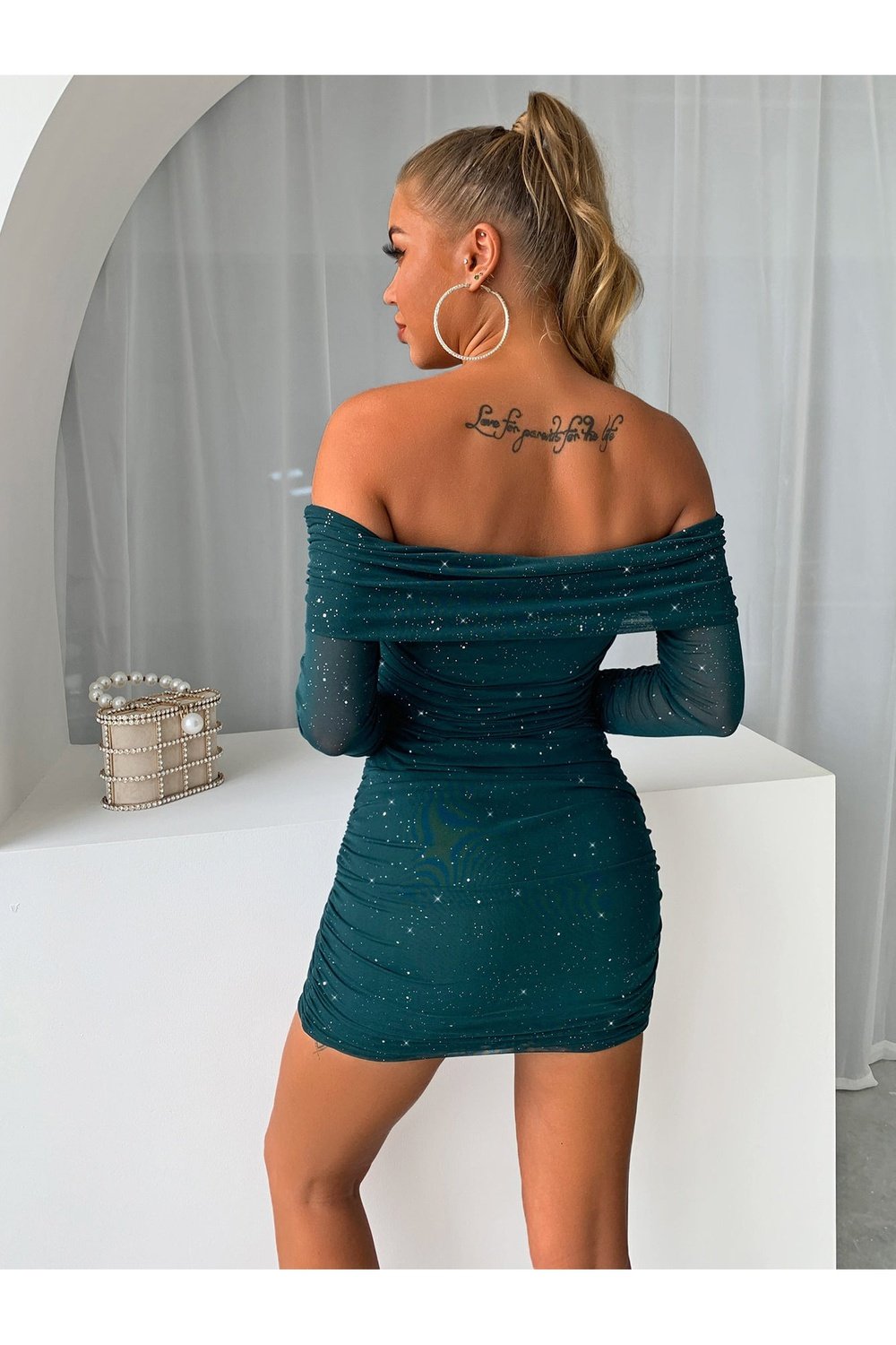 Glitter Mesh Off-Shoulder Ruched Mini Dress