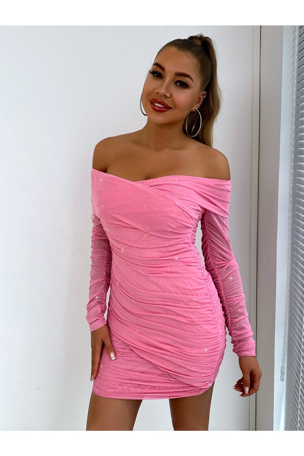 Glitter Ruched Off-Shoulder Long Sleeve Bodycon Dress