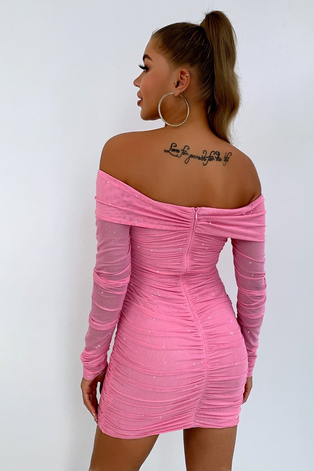 Glitter Ruched Off-Shoulder Long Sleeve Bodycon Dress