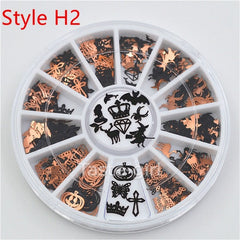 Mixed 12 shapes black gold metal Halloween christmas nail art decorations slice wheel nail foil decals fake nail accessoires