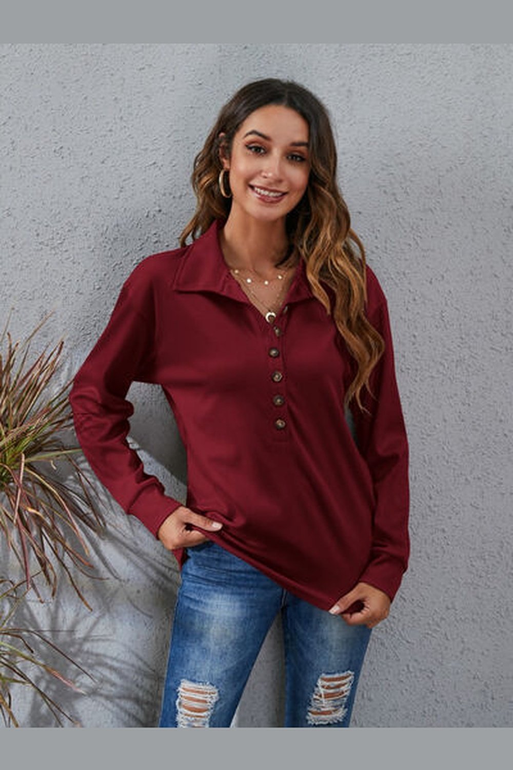 Half Button Dropped Shoulder Blouse