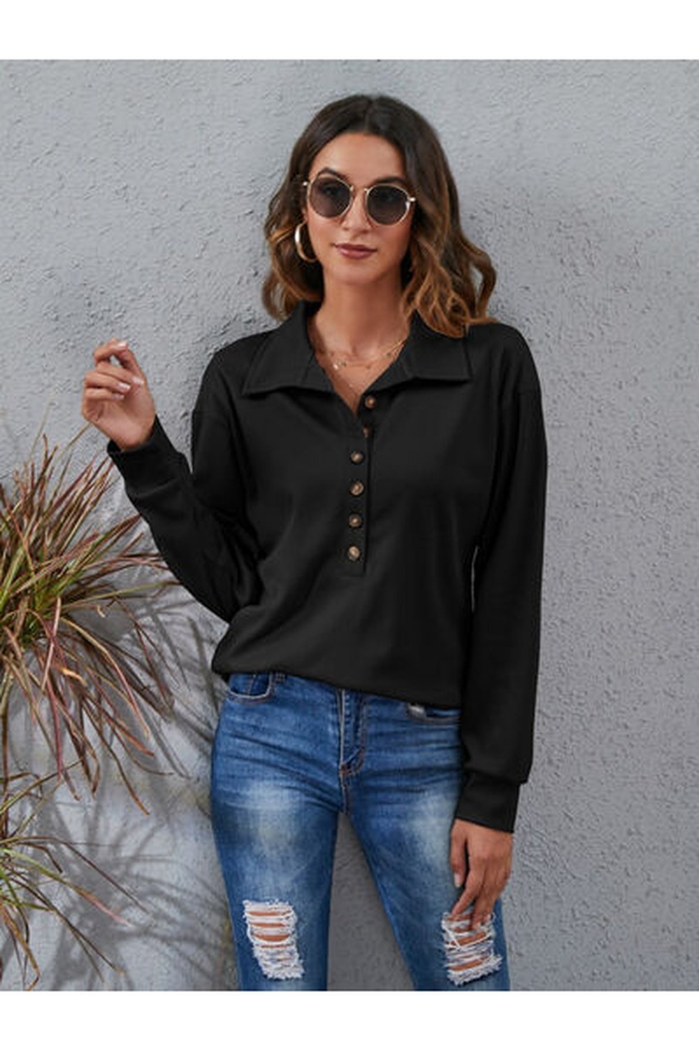 Half Button Dropped Shoulder Blouse