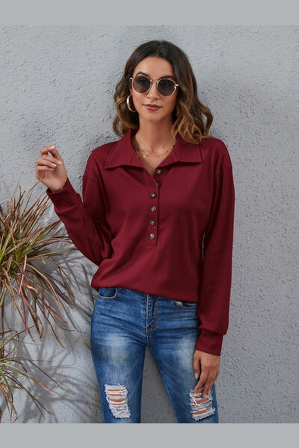 Half Button Dropped Shoulder Blouse