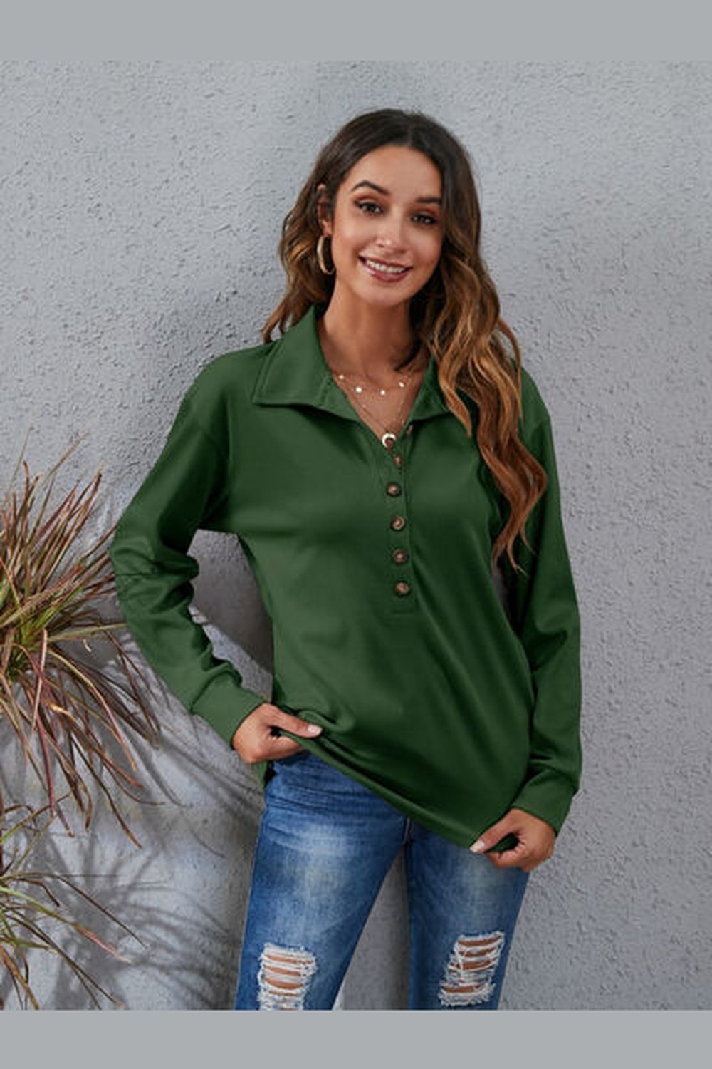 Half Button Dropped Shoulder Blouse